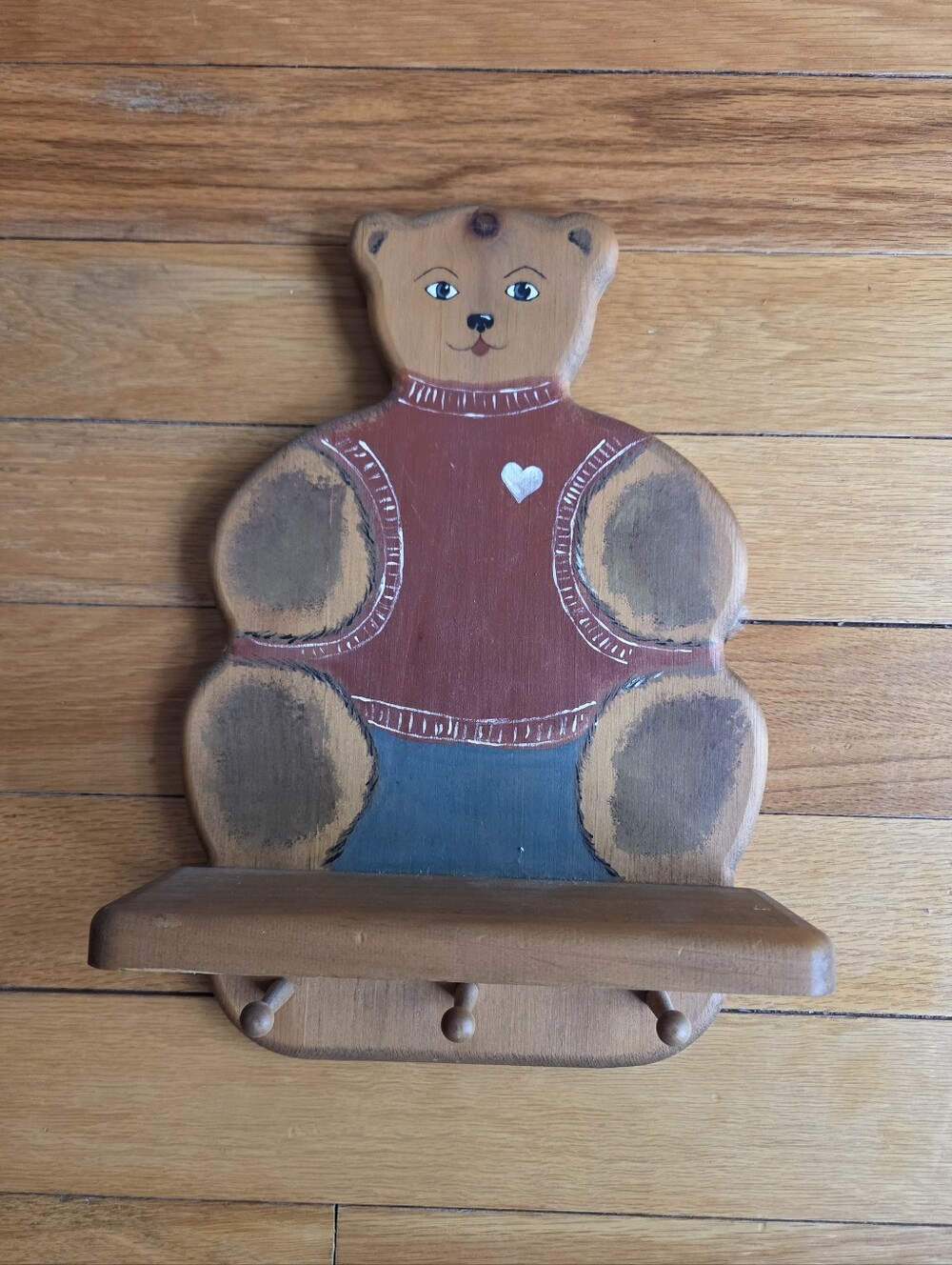 Vintage Hand-Painted Brown Teddy Bear Wall Shelf - Rustic Home Wall Decor